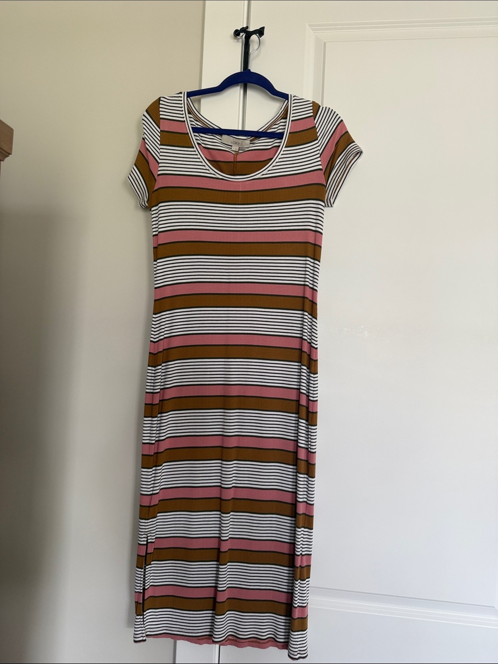 LOFT Striped Scoop-Neck Midi Dress in Pink, White & Brown